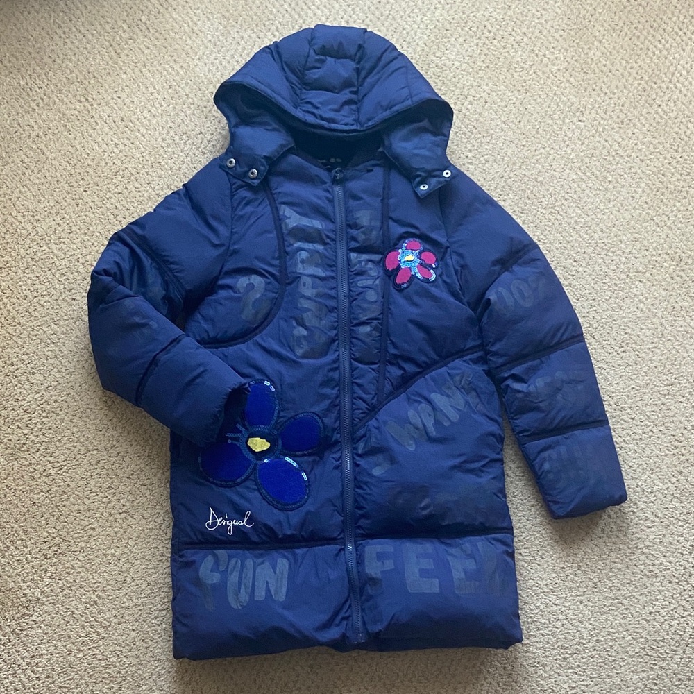 Desigual Blue Hooded Coat with Floral Accents
